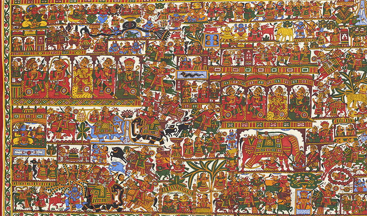 Detail of a horizontal scroll-painting narrating the epic of the deity Pabuji, who is depicted sitting at its centre.