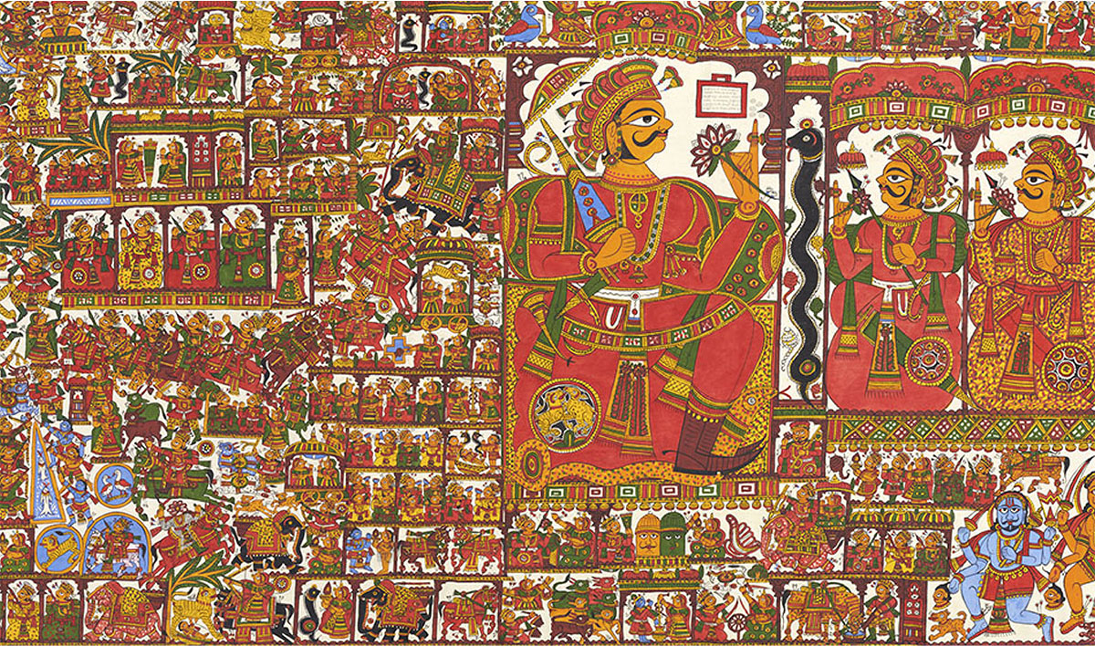 Detail of a horizontal scroll-painting narrating the epic of the deity Pabuji, who is depicted sitting at its centre.