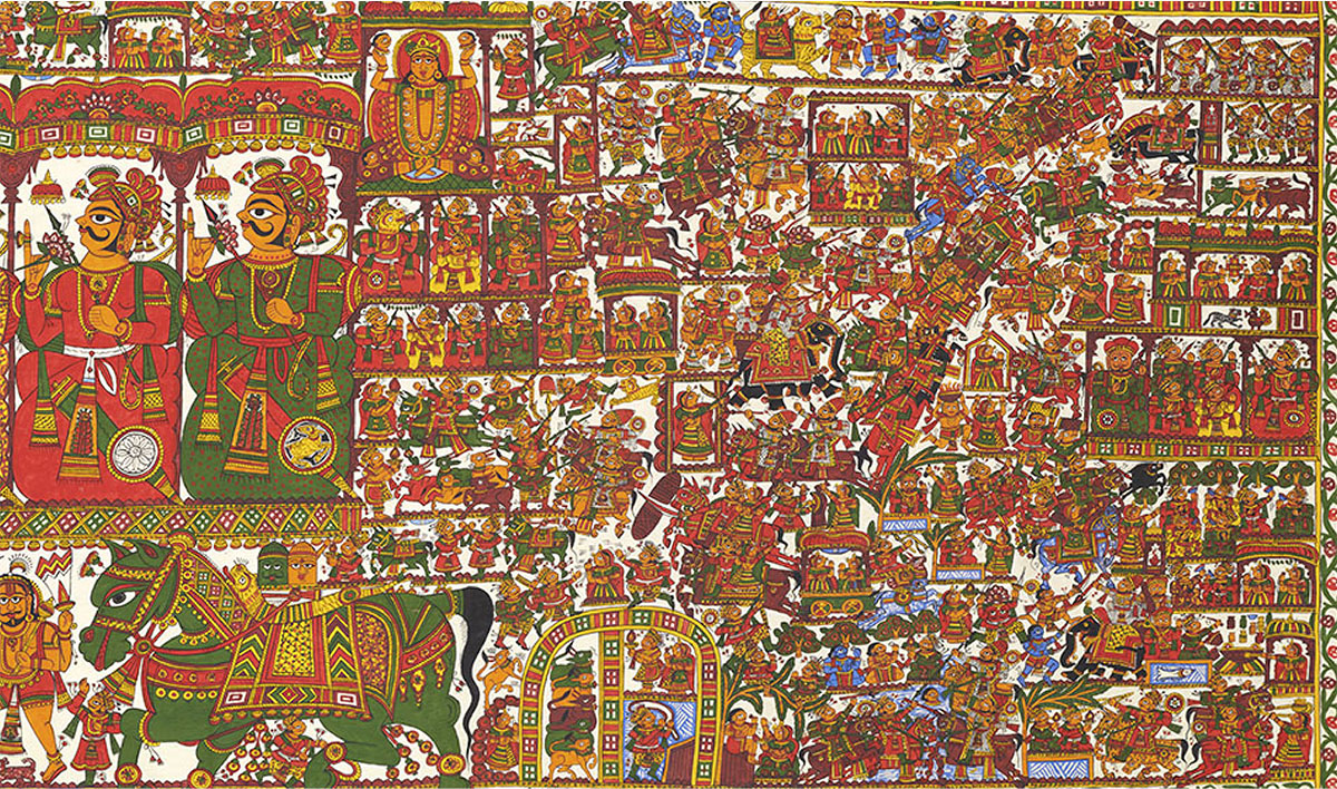Detail of a horizontal scroll-painting narrating the epic of the deity Pabuji, who is depicted sitting at its centre.