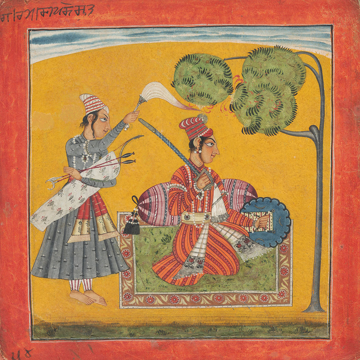 A painting depicting a figure seated on a carpet with an attendant.