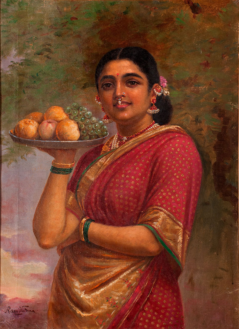 An oil painting of a woman dressed in the traditional Maharashtrian garb holding aloft a tray of fruits.