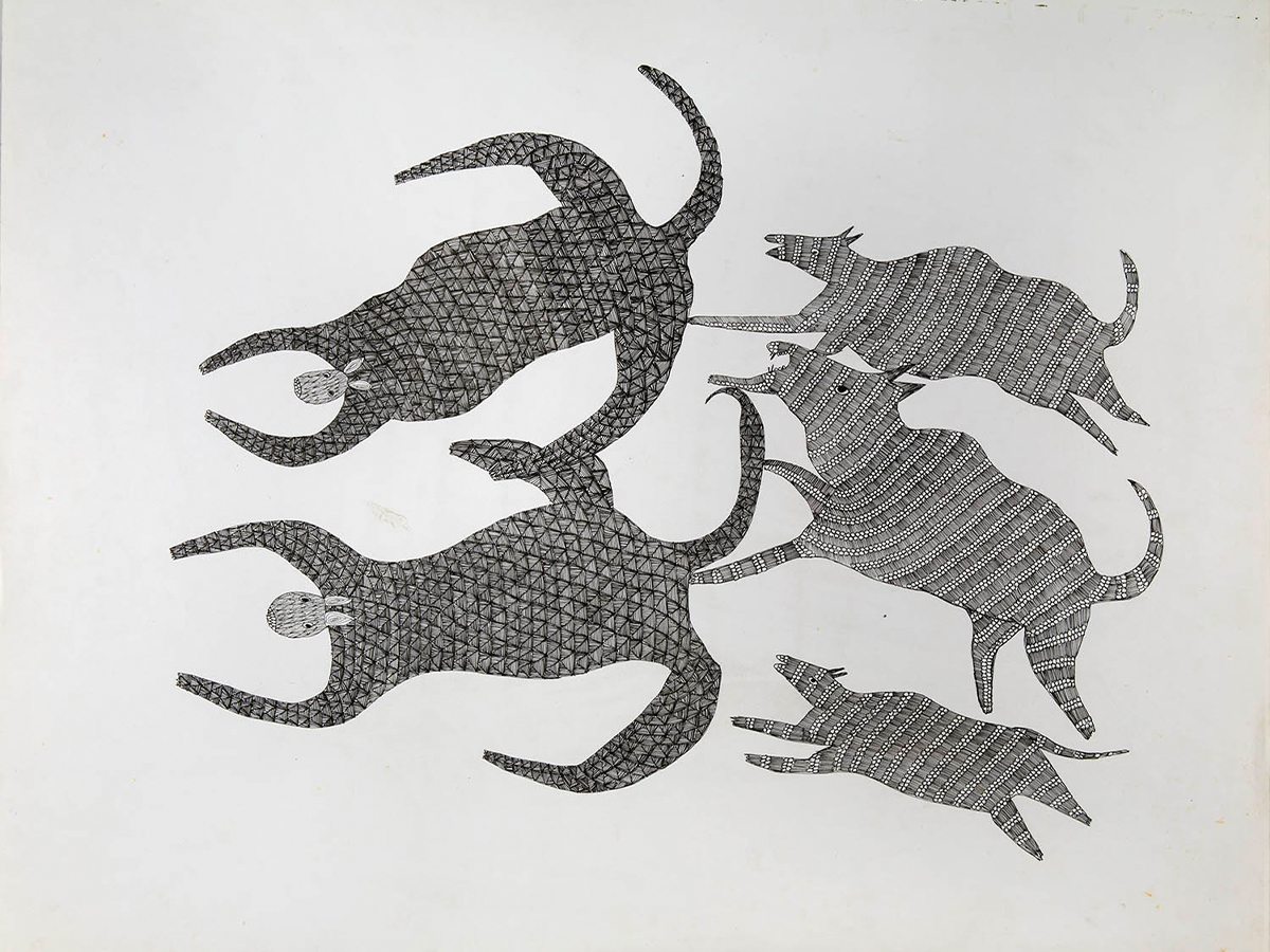 A painting depicting a set of animals resembling cattle chasing two other animals.