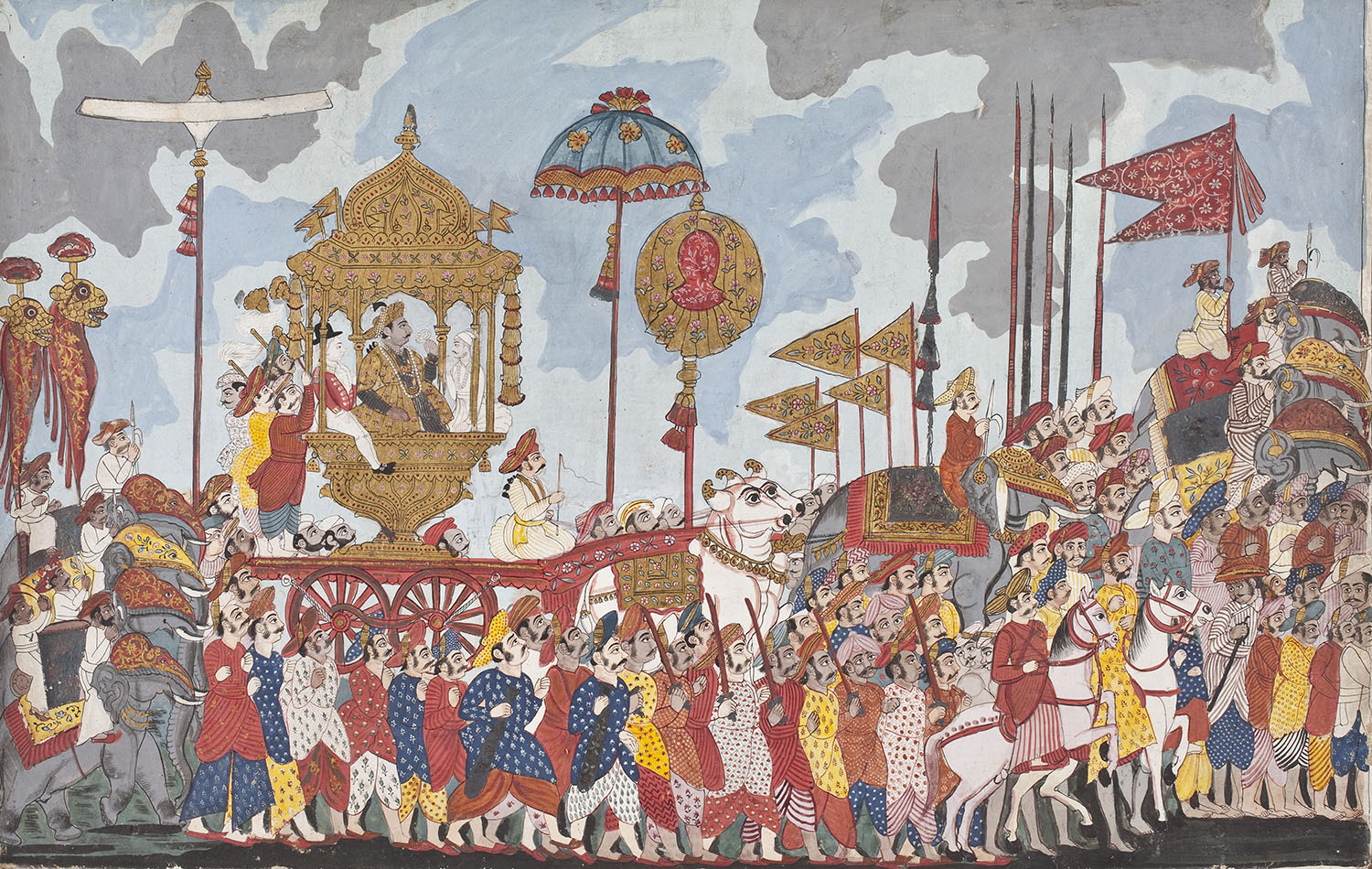 A painting depicting Amar Singh seated on an elephant, accompanied by a procession on foot carrying flags and umbrellas.