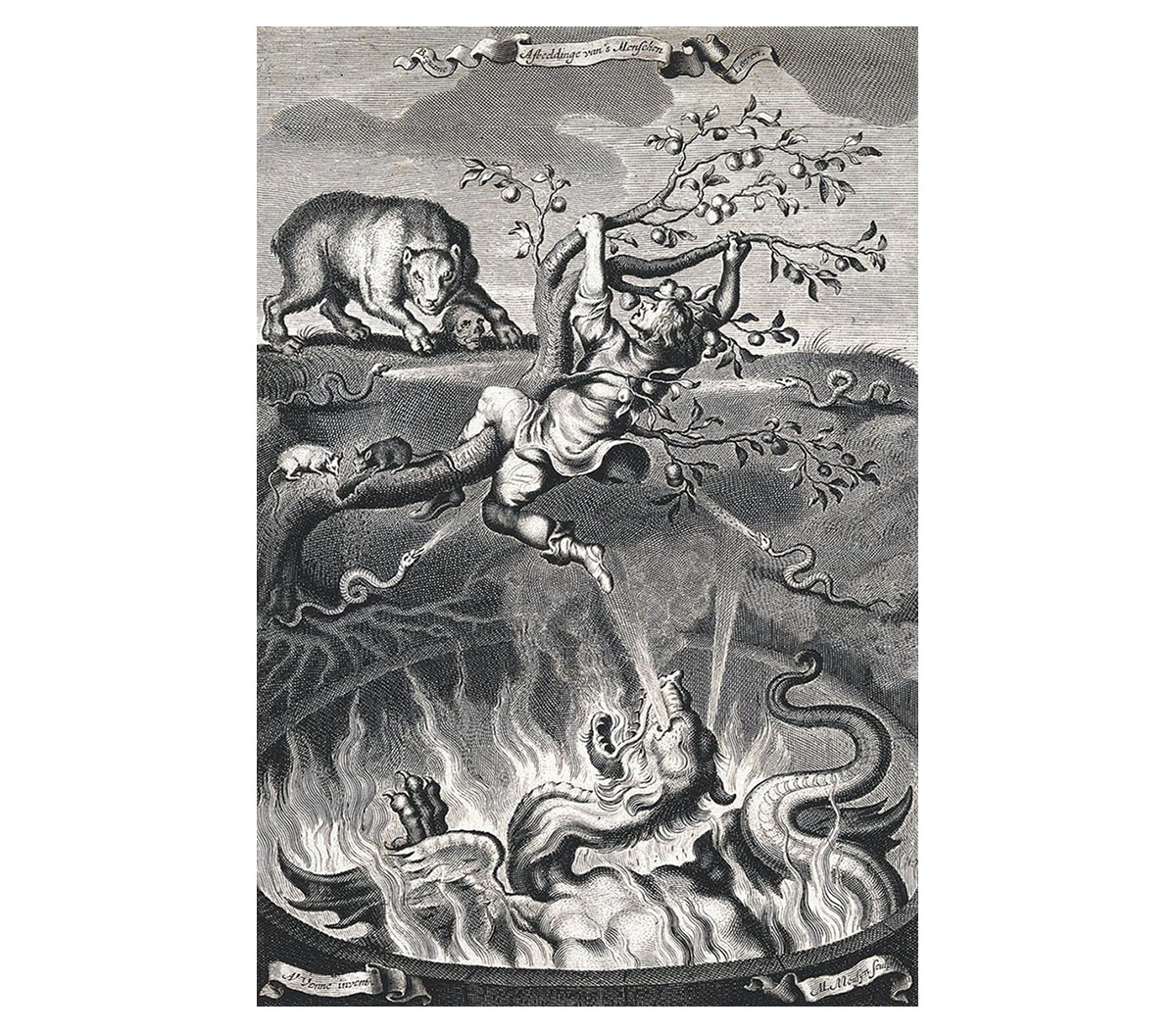 A man clings to a tree, struggling not to fall into a cauldron containing a monster while a bear and snakes look on and rats gnaw at the trunk of the tree.