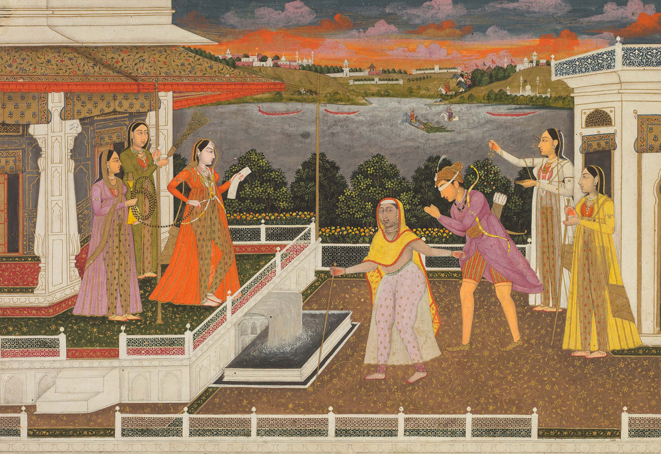 A Mughal painting with a blindfolded suitor in the centre surrounded by women in the women's palace quarters.