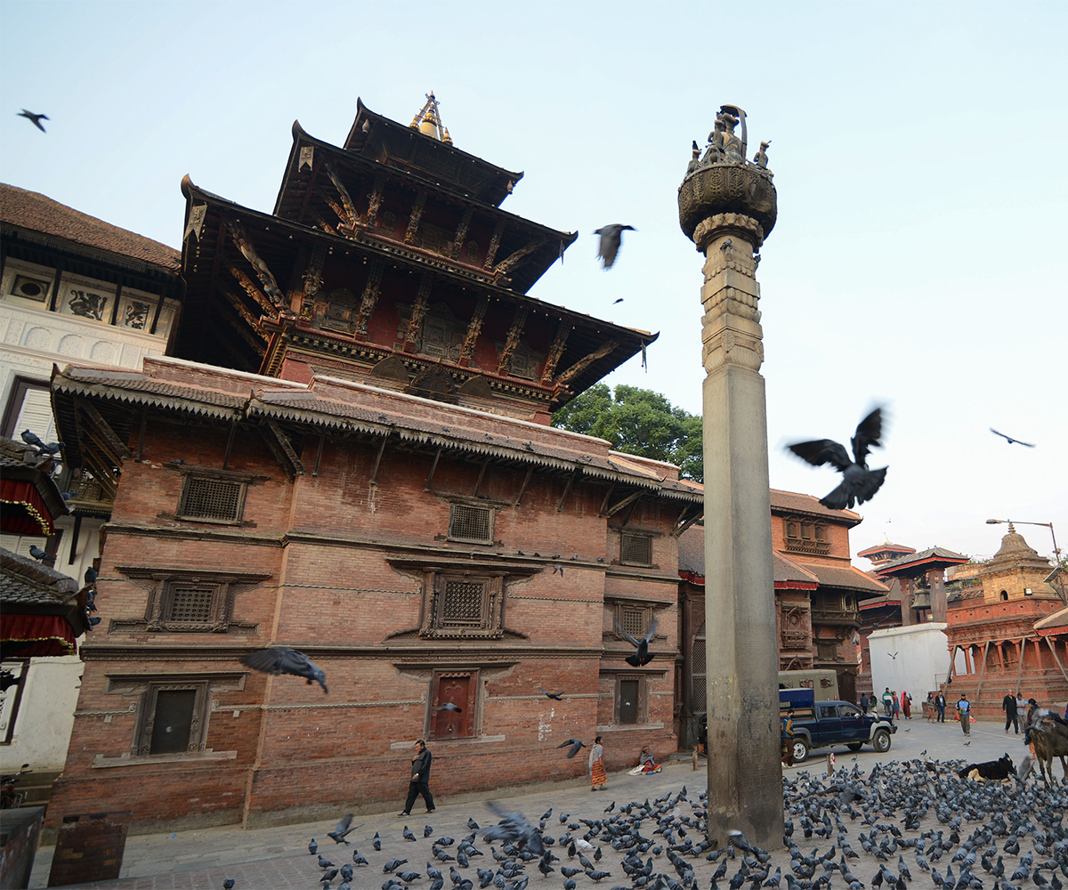 Photograph of the column dedictaed to Pratap Malla at Hanuman Dhoka