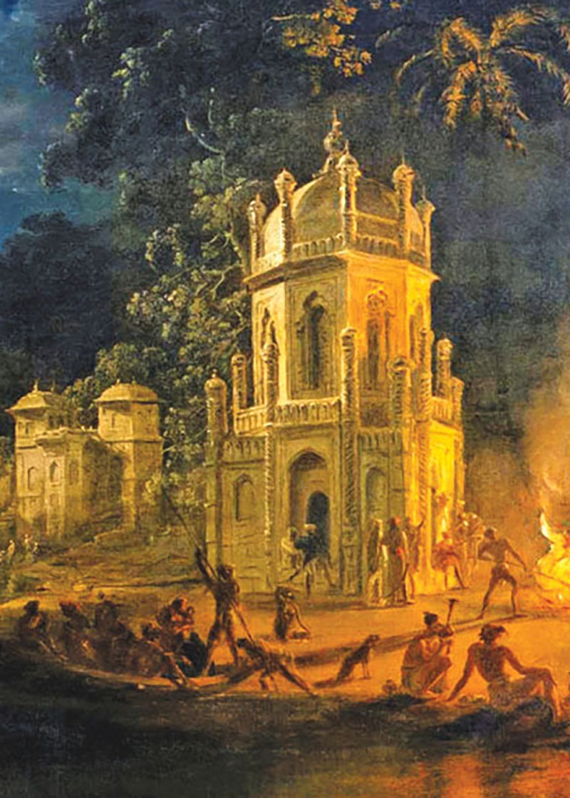Oil painting of Nagaphon Ghat by Johann Zoffany, showing Columbo Sahib tomb on river bank, with boats, people, and two other buildings in background
