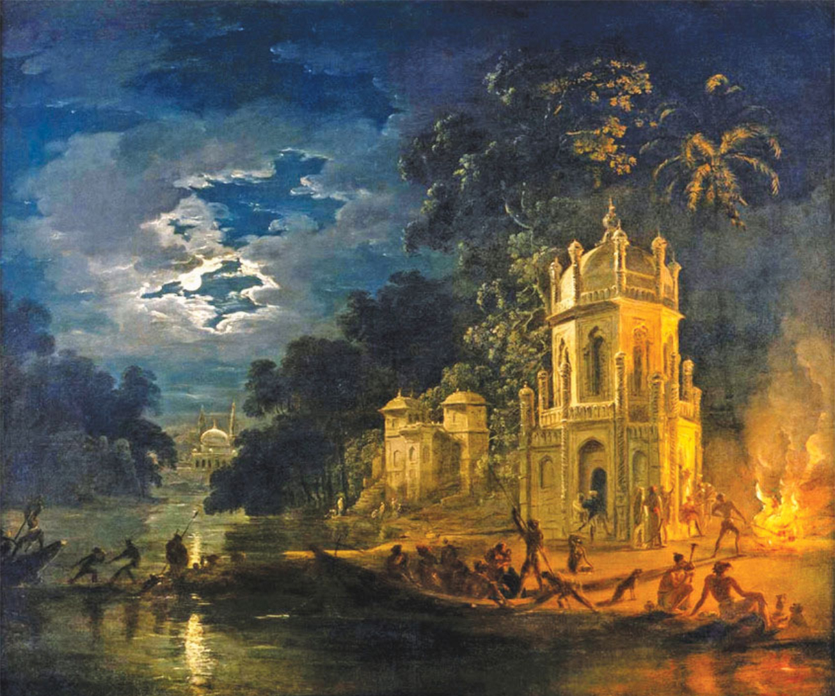 Oil painting of Nagaphon Ghat by Johann Zoffany, showing Columbo Sahib tomb on river bank, with boats, people, and two other buildings in background