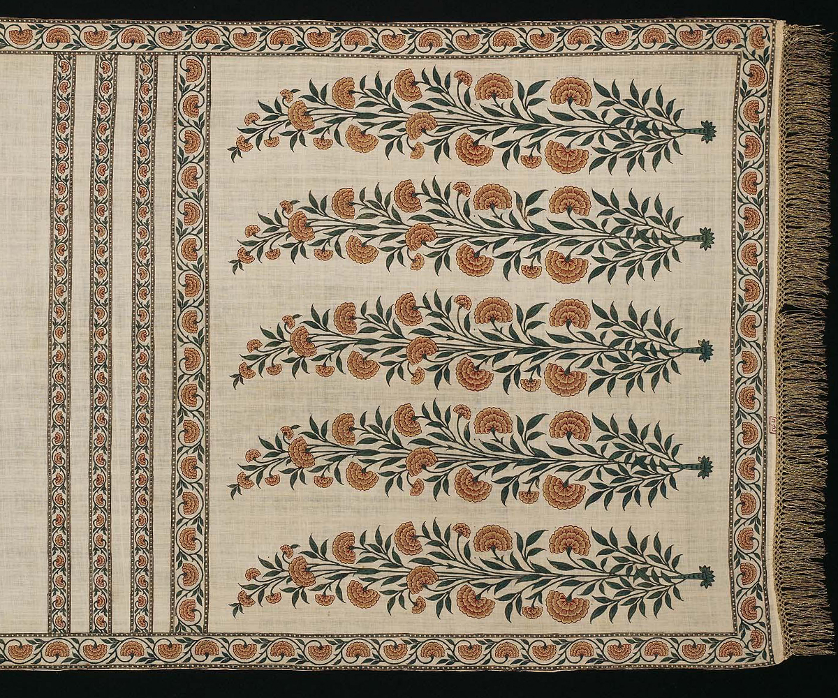 Photograph (detail) of Mughal cotton patka with chrysanthemum plant and flower motifs