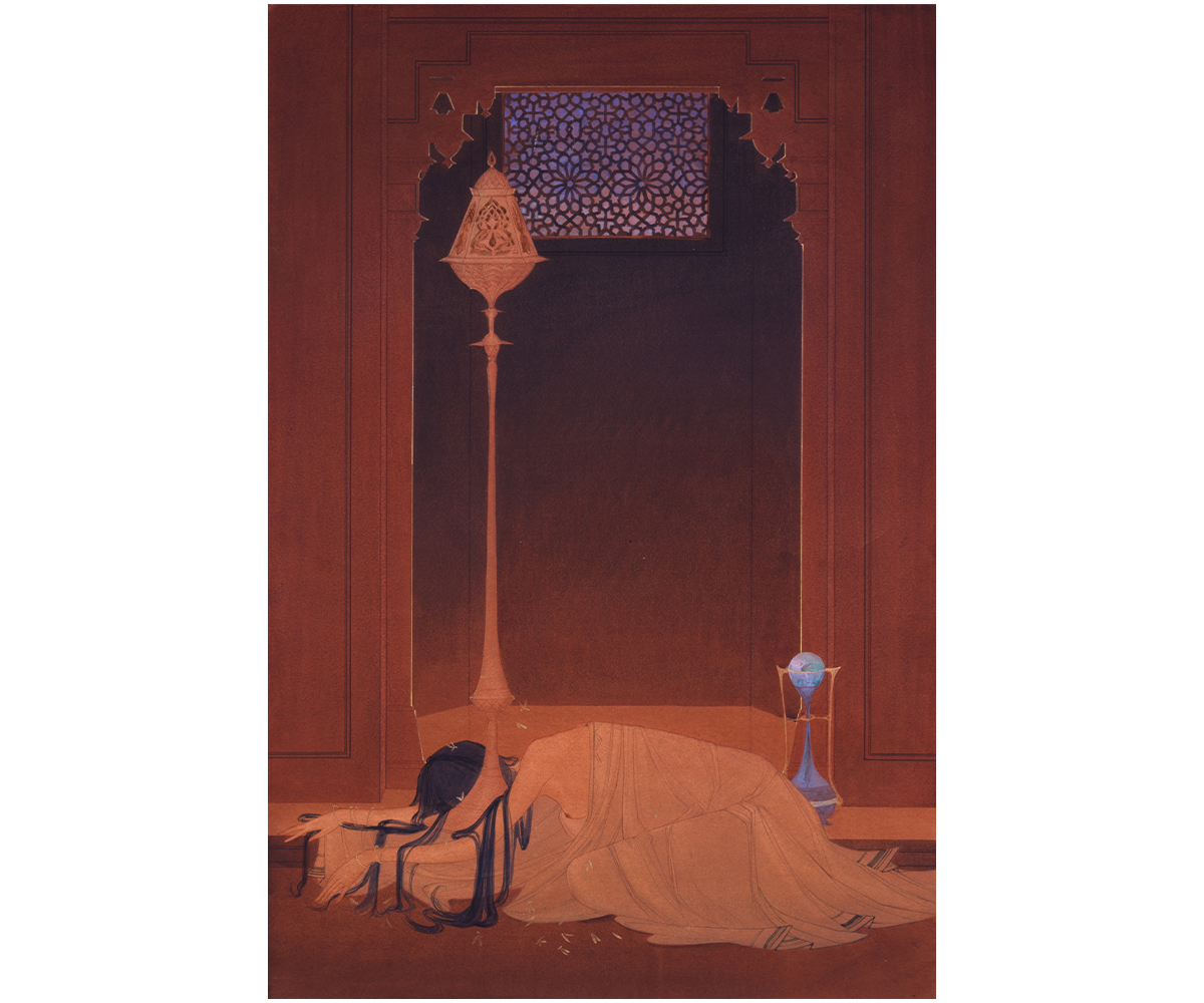 Watercolour painting by Abdur Rahman Chughtai titled The Extinguished Flame, showing a woman crouched by a lamp, hovering moths, and jaali window