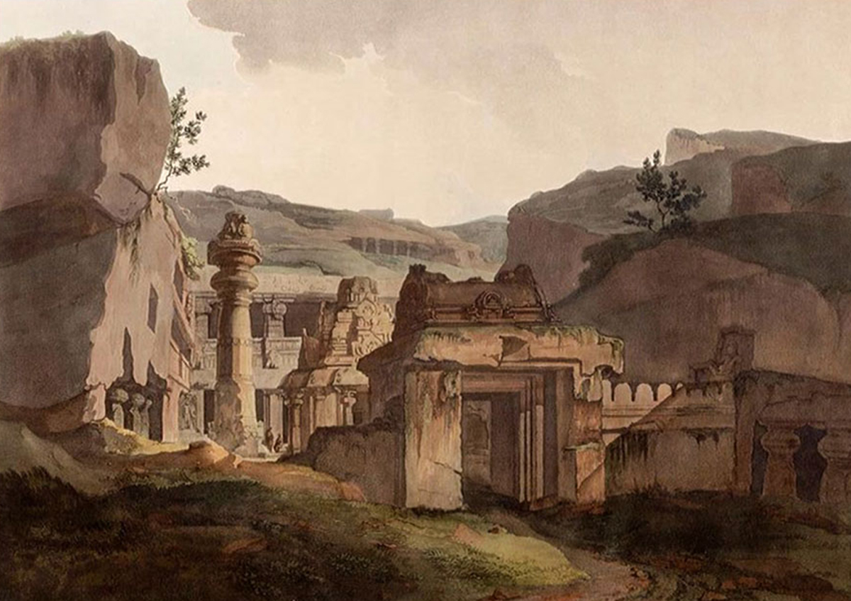 Coloured engraving by Thomas Daniell showing the entrance to the Indra Sabha at Ellora Cave 32, a pillar and small shikhara seen within