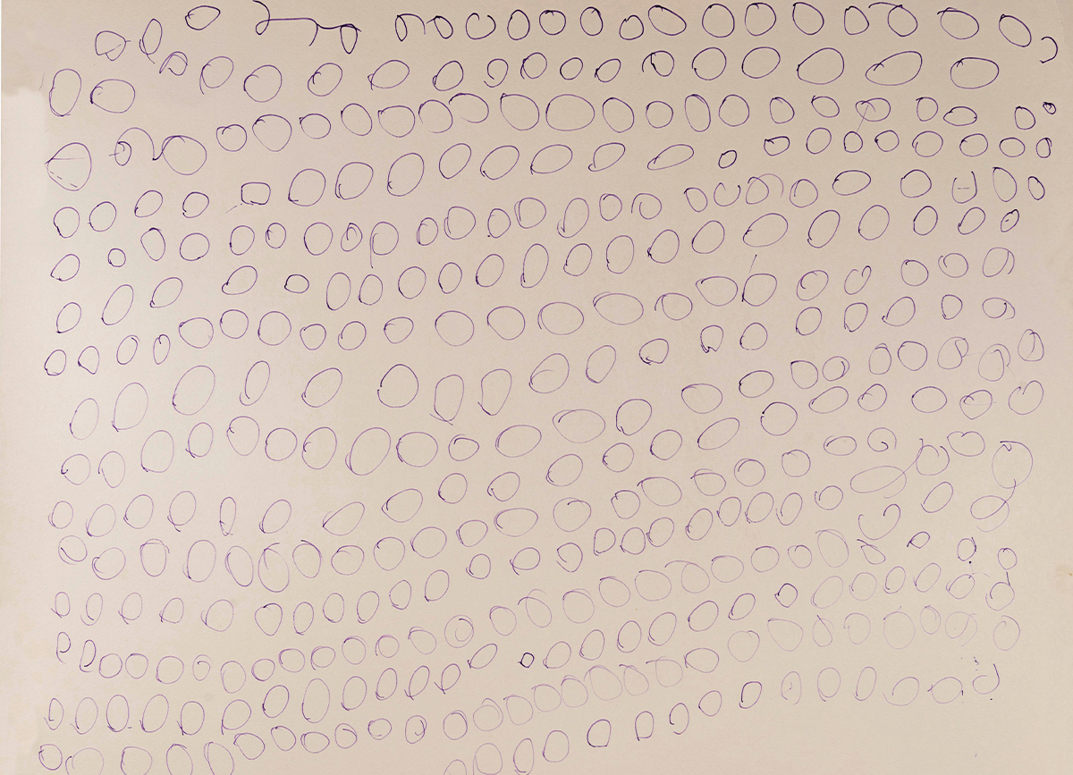 Abstract drawing by Rupani Korwa consisting of multiple circular geometric shapes made with blue ink pen on paper