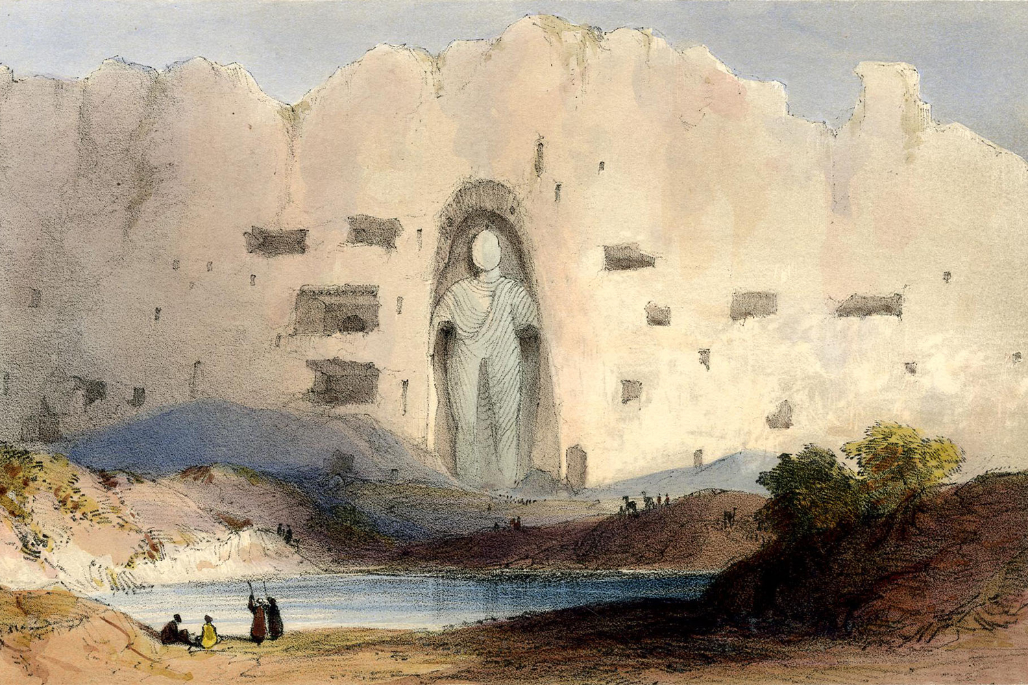 Mid-19th century lithograph by Lowes Cato Dickinson showing one of the two Bamiyan Buddhas, probably the eastern