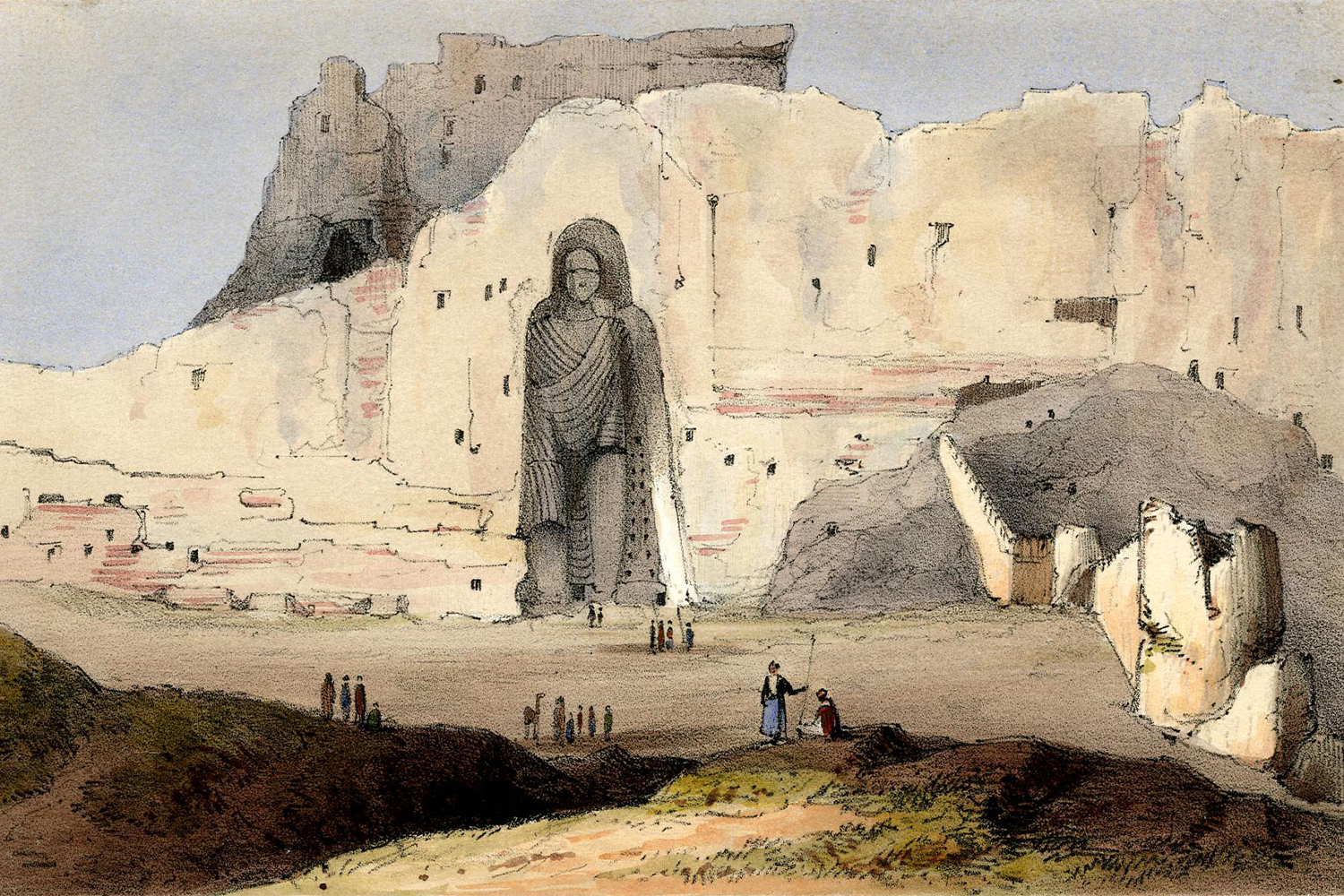 Mid-19th century lithograph by Lowes Cato Dickinson showing one of the two Bamiyan Buddhas, probably the western one and fortifications around it