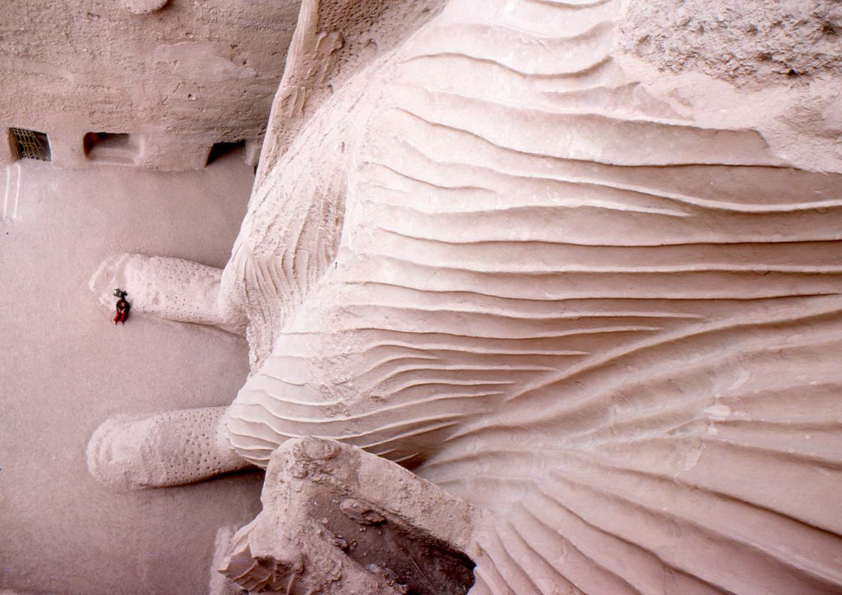 Archival photograph of the eastern Bamiyan Buddha from the top