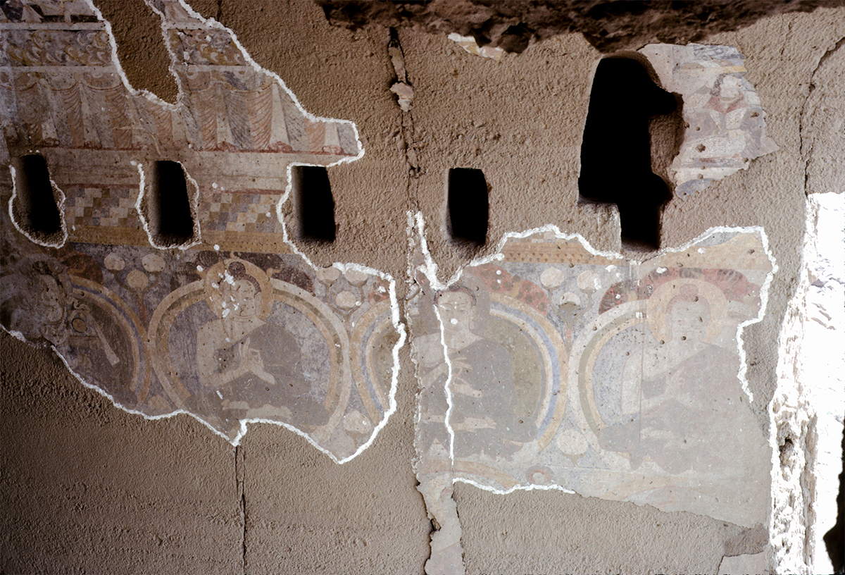 Archival photograph by Francoise Foliot of a fresco near the head of the western Bamiyan Buddha, possibly depicting multiple seated Buddhas