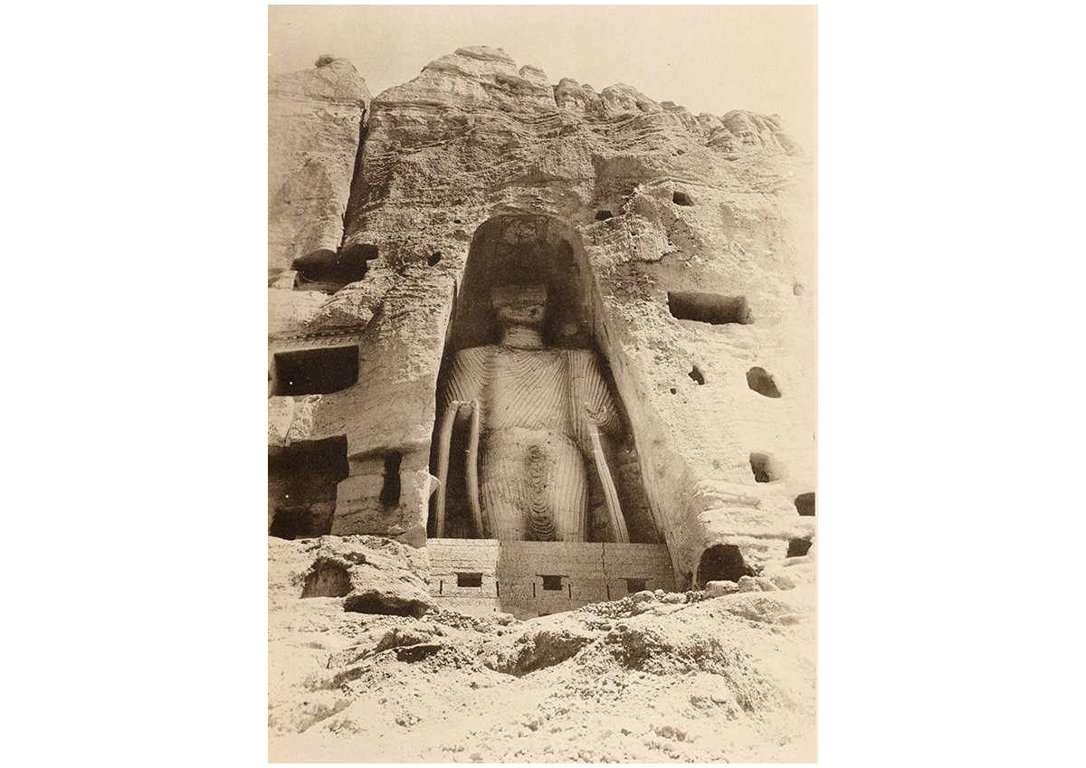 Early 20th-century archival photograph of the eastern Bamiyan Buddha by M Hackin, A Godard and Y Godard