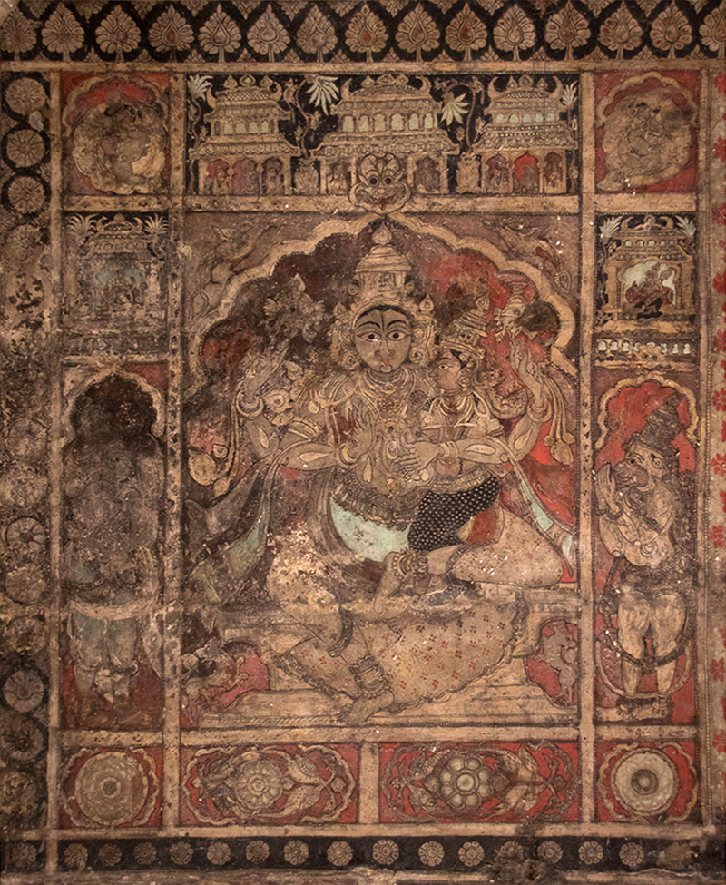 Photograph of the ceiling mural at Virupaksha Temple possibly depicting Shiva and Parvati